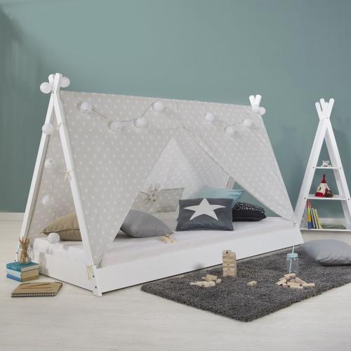 Kinderbett mit Matratze TIPI - Jugendbett weiss grau Holzbett Kinderzimmer Stoff Bettkasten, 90x200 cm