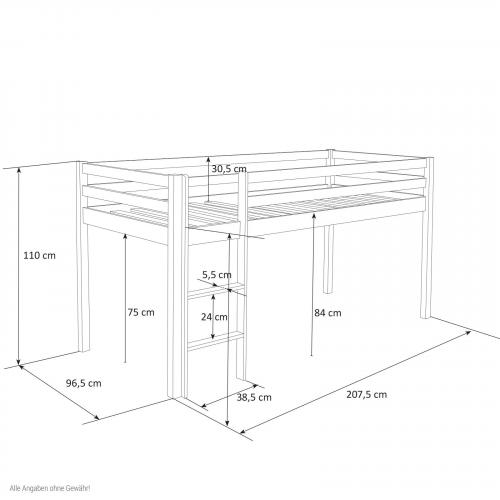 Hochbett Spielbett Kinderbett mit Lattenrost & Matratze + Leiter Holz Massiv, Grau - 90x200cm