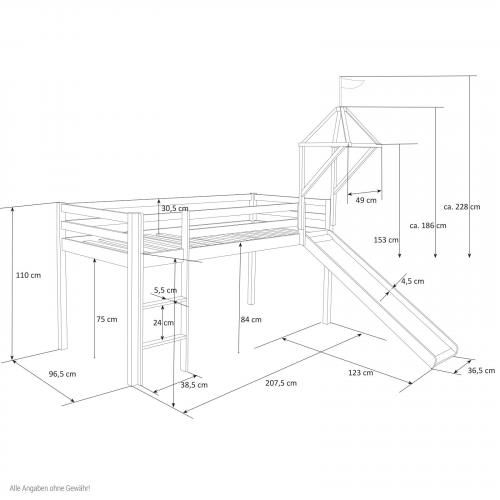 Kinderbett Hochbett Spielbett Kiefer Massiv Pirat weiss + Rutsche Turm