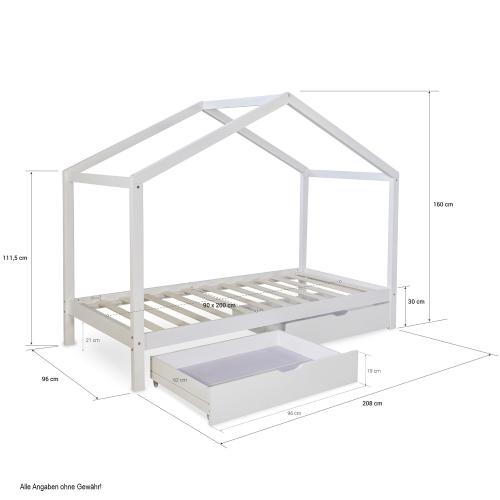 Kinderbett Hausbett Kinderhaus Spielbett Holzbett Bettkasten Natur Weiss Grau, 90x200 cm