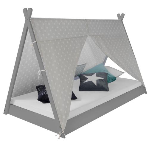 Kinderbett mit Matratze TIPI - Jugendbett grau weiss Holzbett Kinderzimmer Stoff Bettkasten, 90x200 cm