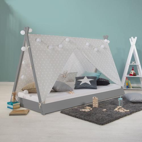 Kinderbett mit Matratze TIPI - Jugendbett grau weiss Holzbett Kinderzimmer Stoff Bettkasten, 90x200 cm