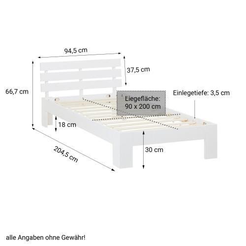 Einzelbett - weiss, 90 x 200 cm - Massivholz Bettgestell Holzbett Futonbett