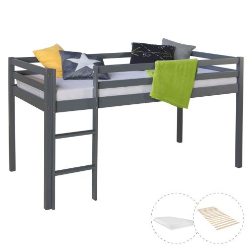 Hochbett Spielbett Kinderbett mit Lattenrost & Matratze + Leiter Holz Massiv, Grau - 90x200cm