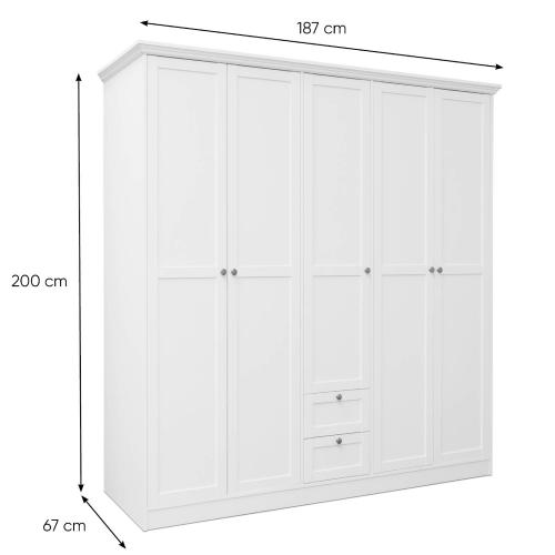 Kleiderschrank Weiss 5 Türen Garderobe Schrank Garderobenschrank Schlafzimmerschrank Drehtürenschrank, 200x187x67cm