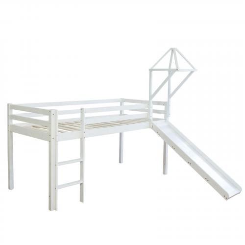 Kinderbett Hochbett Spielbett Kiefer Massiv Pirat weiss + Rutsche Turm