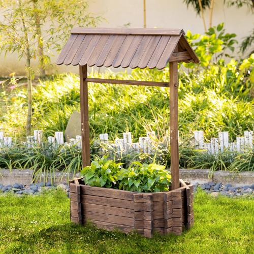 hochbeet-holzbrunnen-mit-dach-blumenkuebel-wunschbrunnen-pflanzkasten-blumentopf-rosenbogen-garten-holz-rustikales-braun-93x55x137cm