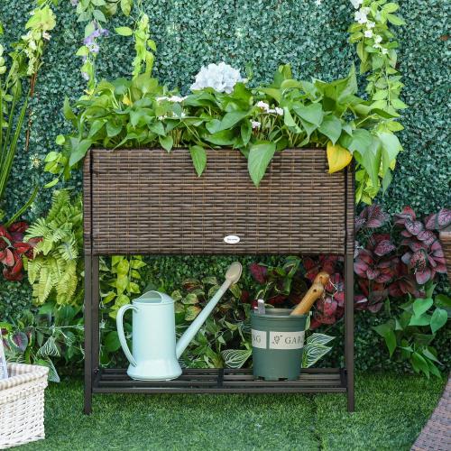 poly-rattan-hochbeet-blumenkasten-mit-fuessen-blumentopf-mit-ablage-braun-70x30x70cm