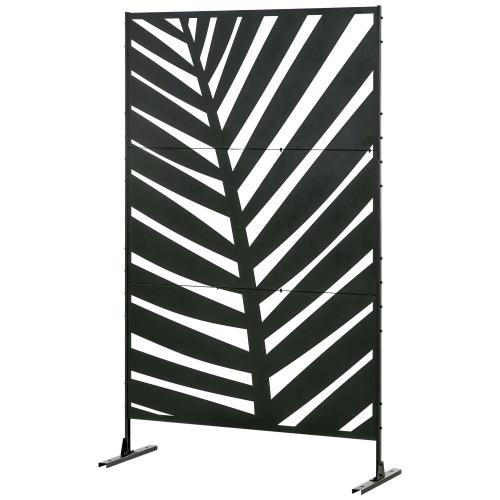 sichtschutz-outdoor-lackiert-stahlrahmen-palmblatt-silhouette-schwarz-122x45x198cm