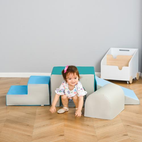 HOMCOM Bausteinset 4er-Set Schaumstoff Bausteine einfache Reinigung weiche Füllung Schaumstoffblöcke für 1-3 Jahre Kinder EPE Hellgrau+Blau+Grün 150 x 50 x 39 cm