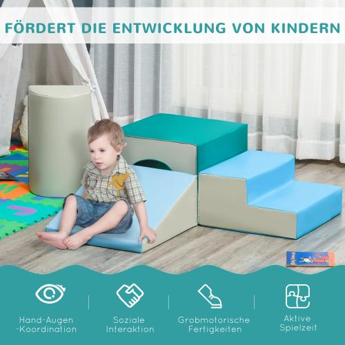 HOMCOM Bausteinset 4er-Set Schaumstoff Bausteine einfache Reinigung weiche Füllung Schaumstoffblöcke für 1-3 Jahre Kinder EPE Hellgrau+Blau+Grün 150 x 50 x 39 cm