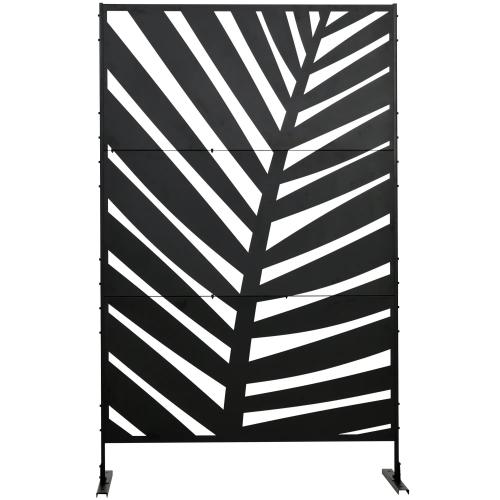 sichtschutz-outdoor-lackiert-stahlrahmen-palmblatt-silhouette-schwarz-122x45x198cm