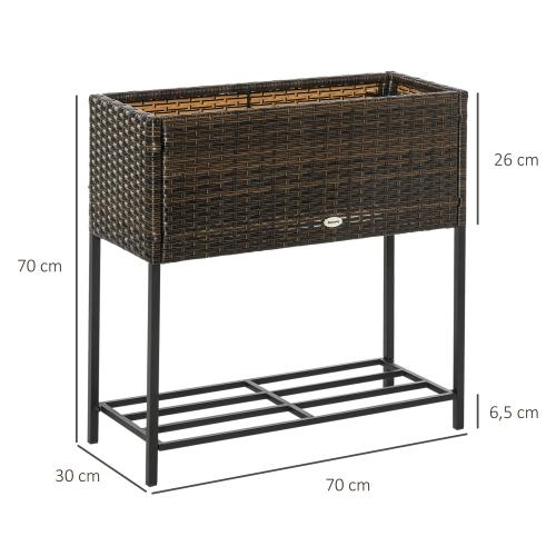 poly-rattan-hochbeet-blumenkasten-mit-fuessen-blumentopf-mit-ablage-braun-70x30x70cm