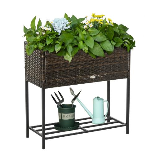 poly-rattan-hochbeet-blumenkasten-mit-fuessen-blumentopf-mit-ablage-braun-70x30x70cm