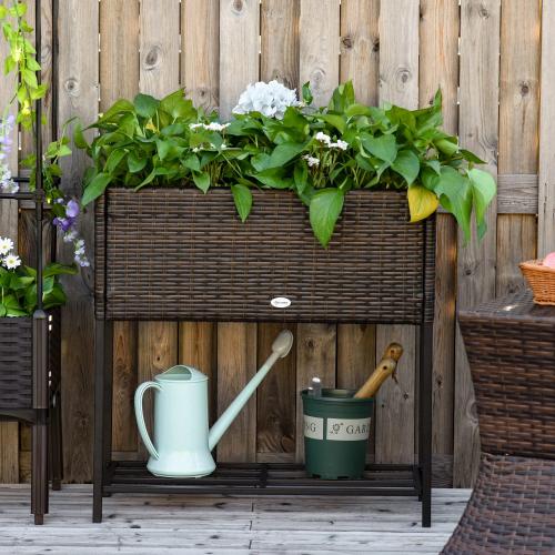 poly-rattan-hochbeet-blumenkasten-mit-fuessen-blumentopf-mit-ablage-braun-70x30x70cm