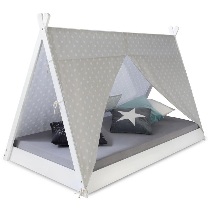 Kinderbett mit Matratze TIPI - Jugendbett weiss grau Holzbett Kinderzimmer Stoff Bettkasten, 90x200 cm