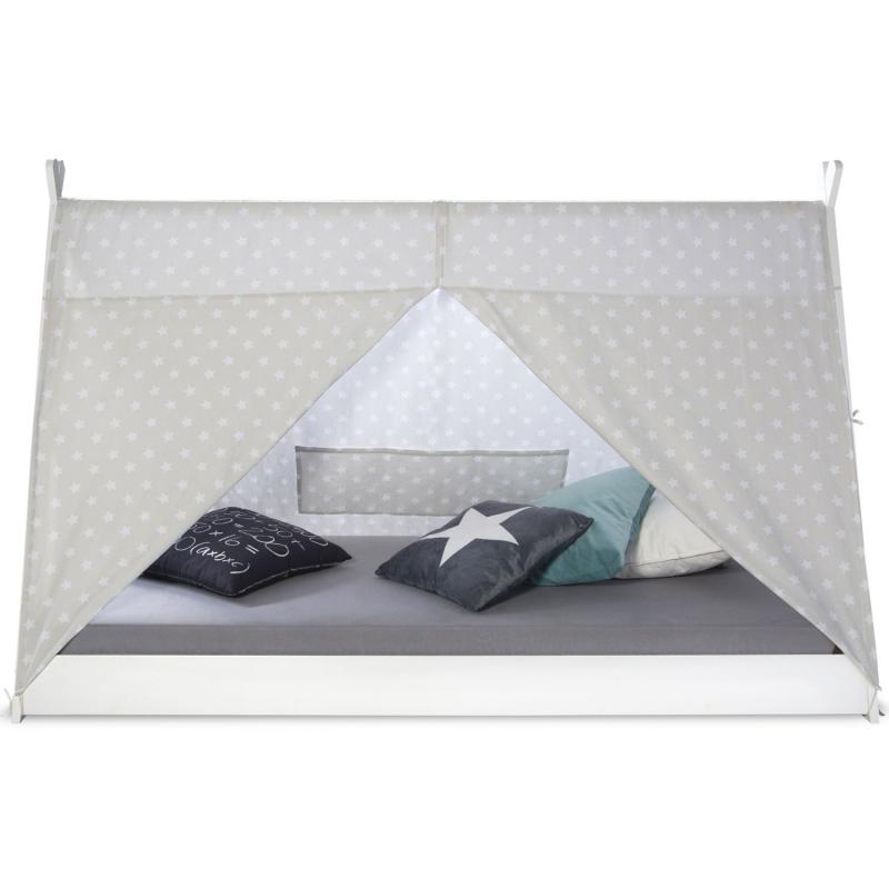 Kinderbett mit Matratze TIPI - Jugendbett weiss grau Holzbett Kinderzimmer Stoff Bettkasten, 90x200 cm