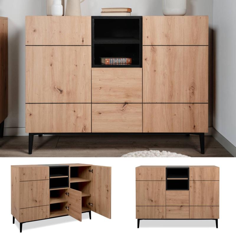 sideboard-kommode-eiche-holz-in-natur-schwarz-wohnzimmerschrank-120x90x40cm