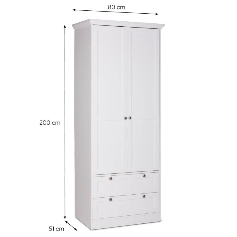 Kleiderschrank Weiss Garderobe Holz Schrank Massiv 2 Türen Garderobenschrank Mehrzweckschrank, 200x80x51cm