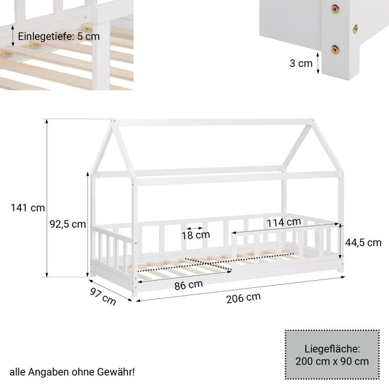 Kinderbett Hausbett mit Rausfallschutz Bodenbett Montessori Bett Bettenhaus Lattenrost, 90x200 cm