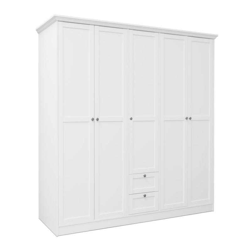 Kleiderschrank Weiss 5 Türen Garderobe Schrank Garderobenschrank Schlafzimmerschrank Drehtürenschrank, 200x187x67cm