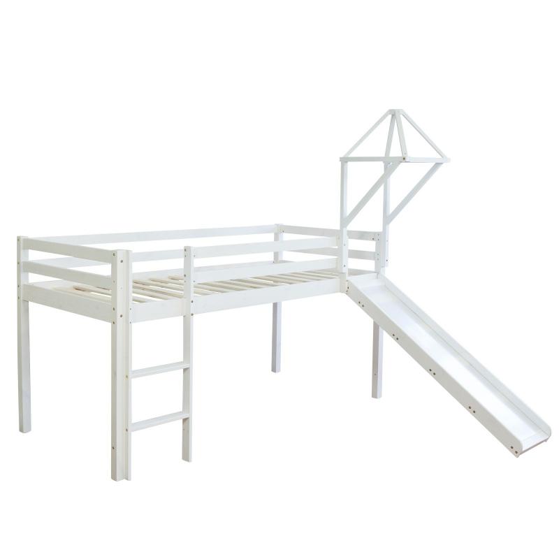 Kinderbett Hochbett Spielbett Kiefer Massiv Pirat weiss + Rutsche Turm