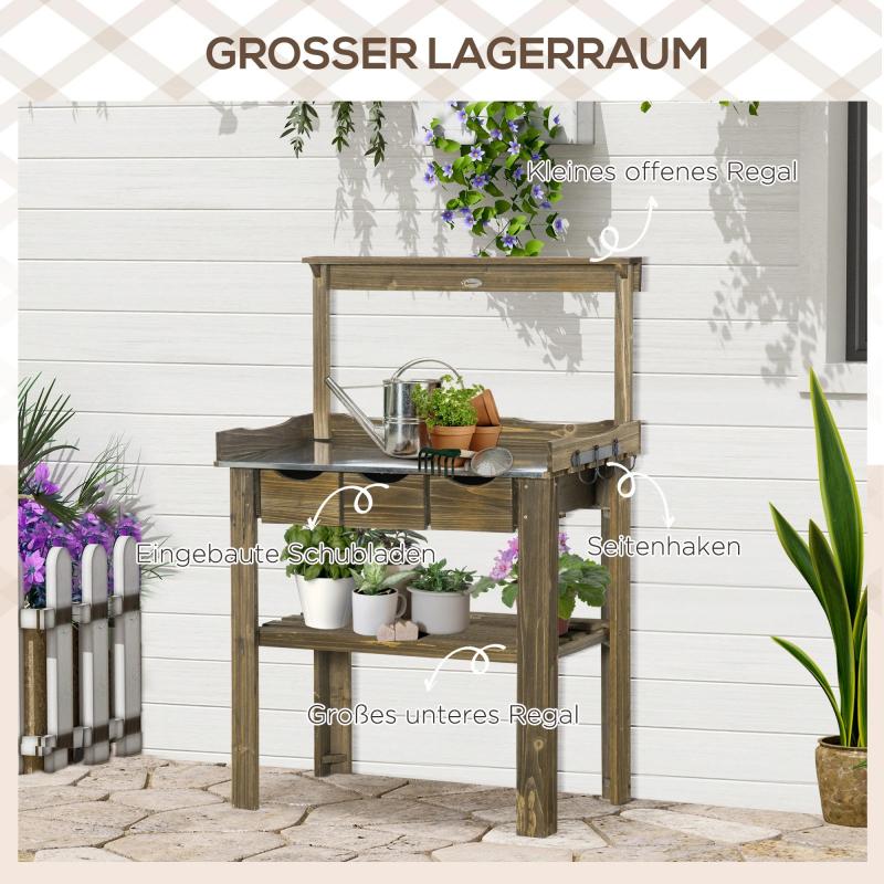 pflanztisch-gaertnertisch-aus-holz-mit-3-schubladen-haken-verzinkte-metall-arbeitsflaeche-fuer-garten-terrasse-verkohlt-78x38x112cm