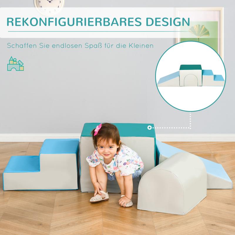 HOMCOM Bausteinset 4er-Set Schaumstoff Bausteine einfache Reinigung weiche Füllung Schaumstoffblöcke für 1-3 Jahre Kinder EPE Hellgrau+Blau+Grün 150 x 50 x 39 cm