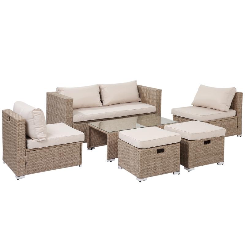 Rattan Sitzgarnitur, 6-teilige Sitzgruppe, Gartenmöbelset mit Couchtisch, Metall, Khaki, 151x75x65cm