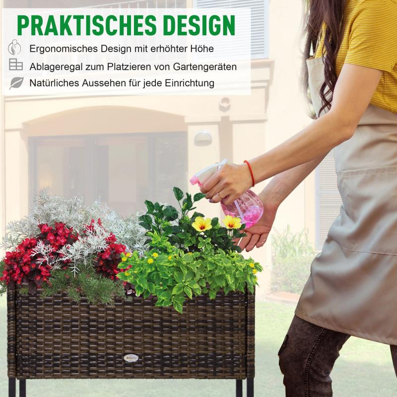 poly-rattan-hochbeet-blumenkasten-mit-fuessen-blumentopf-mit-ablage-braun-70x30x70cm