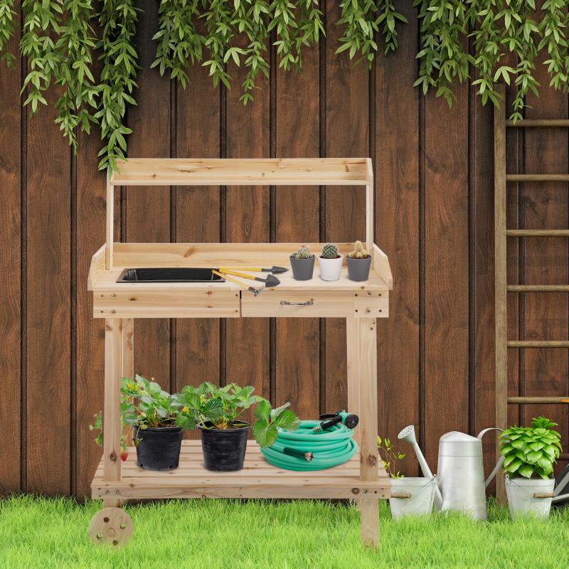 pflanztisch-mit-schublade-2-stufen-gaertnertisch-mit-waschbecken-und-rollen-garten-tannenholz-natur-92x45x119cm