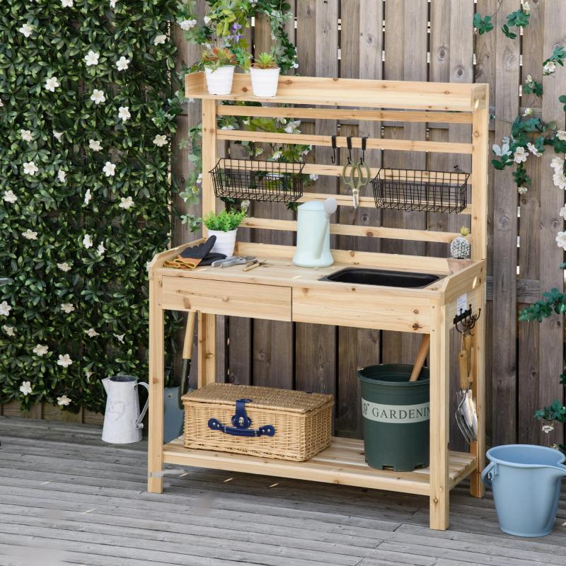 pflanztisch-gaertnertisch-mit-waschbecken-blumentisch-aus-holz-mit-schublade-haken-korb-ablage-garten-terrasse-natur-107-5x46x142cm