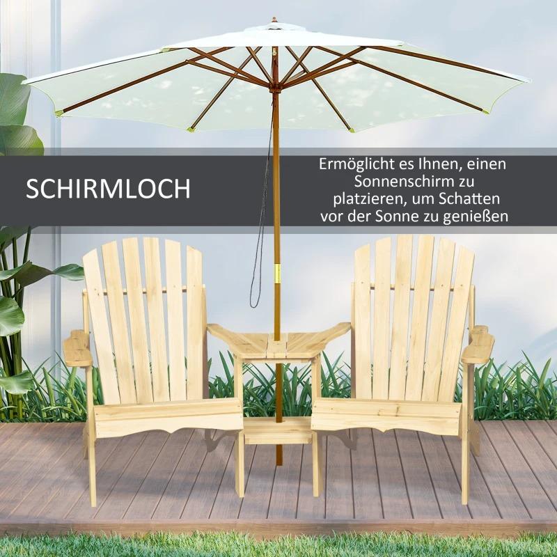 Gartenstuhl mit Tisch und Schirmloch 2 Sitzer Gartensessel Sitzgruppe Massivholz Naturholz, 178x87x92cm