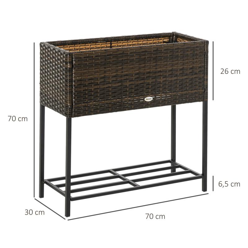 poly-rattan-hochbeet-blumenkasten-mit-fuessen-blumentopf-mit-ablage-braun-70x30x70cm