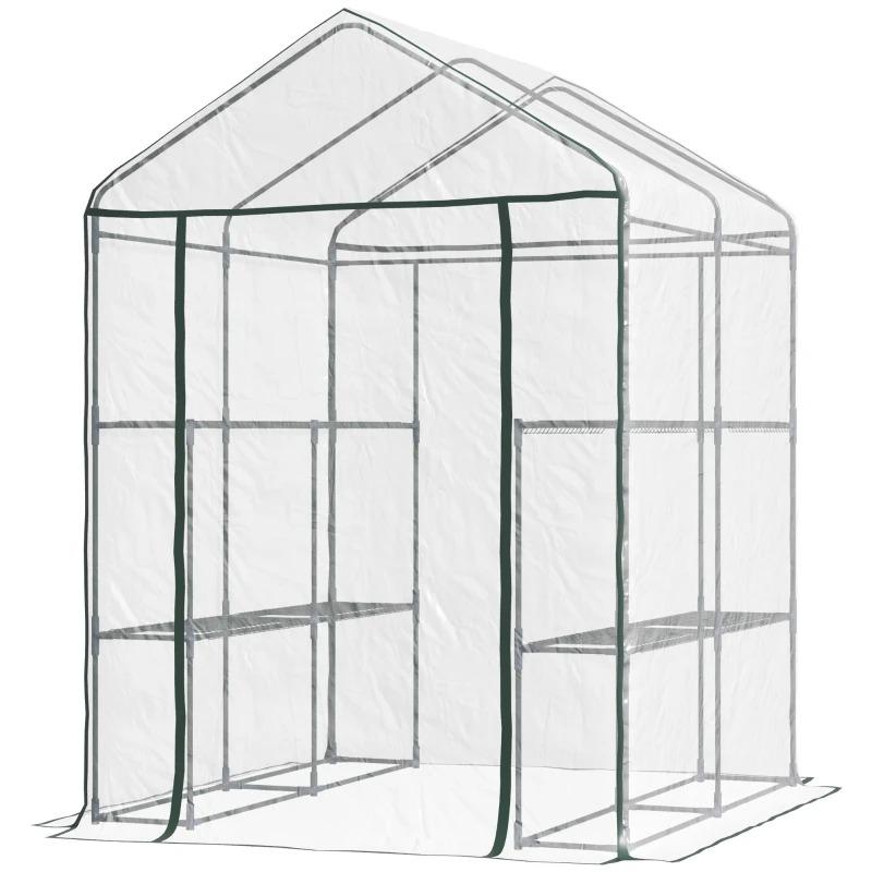 Foliengewächshaus begehbares Gartenhäuschen Tomatengewächshaus Treibhaus Frühbeet mit 6 Regalen Transparent Stahl PVC-Kunststoff 143x143x195cm