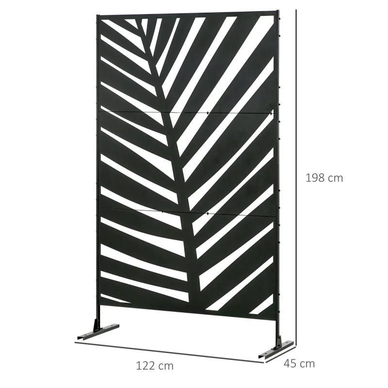 sichtschutz-outdoor-lackiert-stahlrahmen-palmblatt-silhouette-schwarz-122x45x198cm