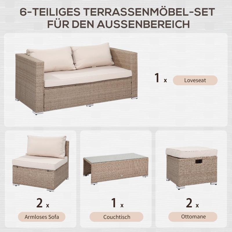 Rattan Sitzgarnitur, 6-teilige Sitzgruppe, Gartenmöbelset mit Couchtisch, Metall, Khaki, 151x75x65cm