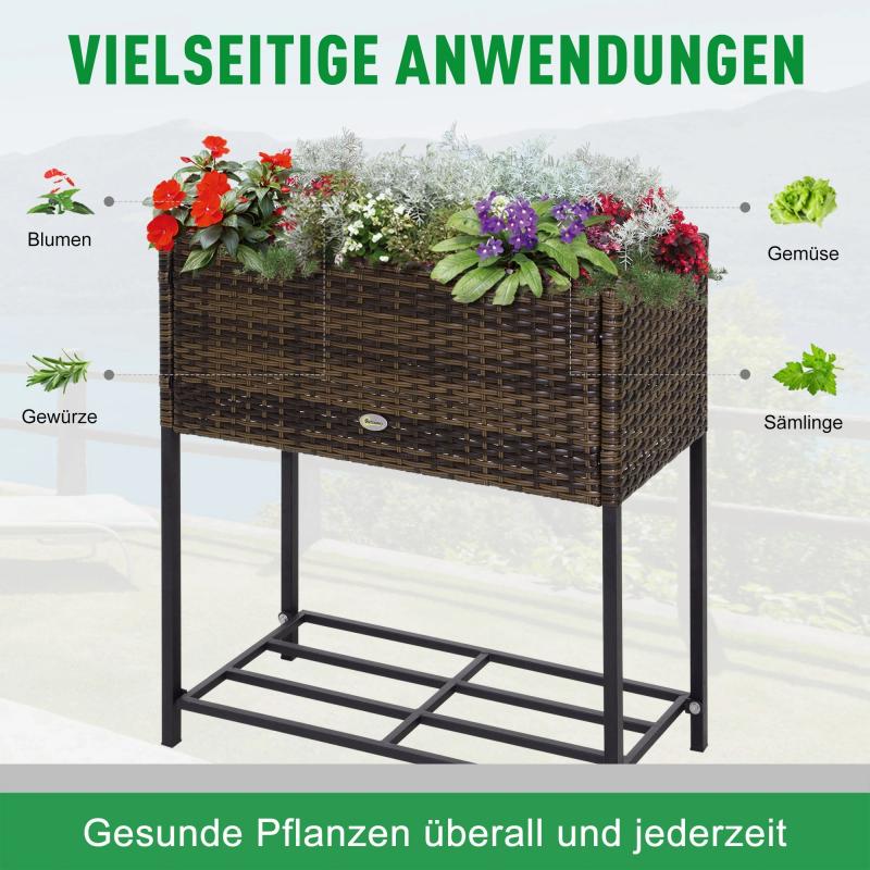 poly-rattan-hochbeet-blumenkasten-mit-fuessen-blumentopf-mit-ablage-braun-70x30x70cm