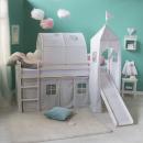 Mobile Preview: Hochbett Grau Weiss Spielbett Kinderbett Rutsche Turm Vorhang Sterne Jugendbett, 90x200 cm