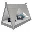 Mobile Preview: Kinderbett mit Matratze TIPI - Jugendbett grau weiss Holzbett Kinderzimmer Stoff Bettkasten, 90x200 cm