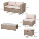 Mobile Preview: Rattan Sitzgarnitur, 6-teilige Sitzgruppe, Gartenmöbelset mit Couchtisch, Metall, Khaki, 151x75x65cm